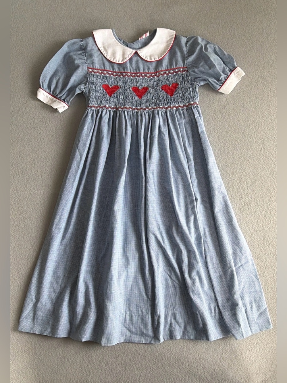 VTG Orient Expressed Blue Micro Checked Dress s7 Girls Embroidered Hearts